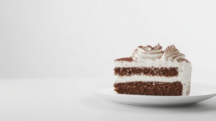 Chocolate cake slice on plate, studio shot, white background, dessert