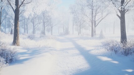 Obraz premium Winter Wonderland Snow Covered Path Through Snowy Forest With Trees And Bushes