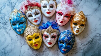 Venetian Masquerade: A collection of eight ornate Venetian masks, each a masterpiece of craftsmanship, awaits its wearer, inviting mystery and intrigue. The masks' vibrant hues, intricate designs.