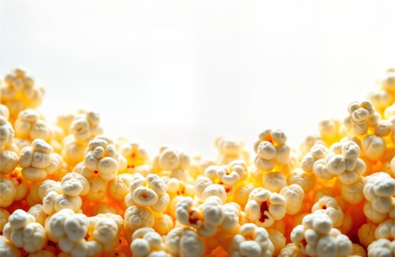 Delicious popcorn in border shape on white background. Tasty crunchy snack perfect for movie nights snack time. Cinema food for enjoyment. Corn kernels popped to perfection. Border design isolated,