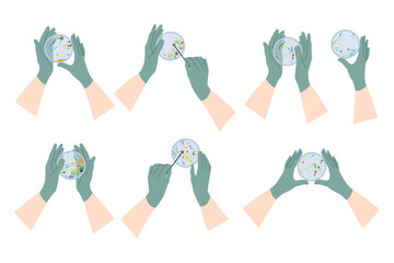 Microplastic pollution. Petri dish with microplastics. Scientist's hand in glove holding plate with plastic. Water or soil waste. Laboratory test, chemical analysis. Vector flat cartoon illustration