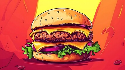 Juicy Double Cheeseburger illustration with vibrant colors and cartoon style