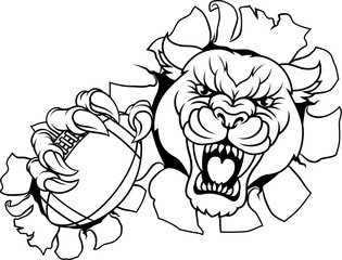 A panther, leopard or cougar wildcat cat jaguar American football sports mascot holding a ball