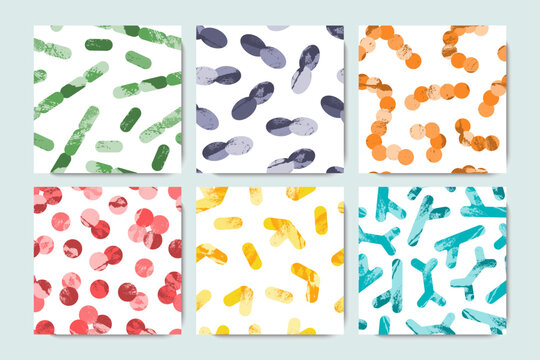 Probiotics. Lactic acid bacteria. Good microorganisms for gut and intestinal flora health. Microflora. Microbiome. Bifidobacterium, lactobacillus, lactococcus, streptococcus. Vector seamless pattern