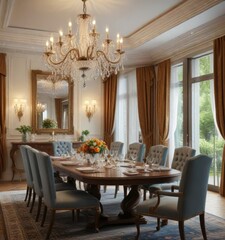 A luxurious and elegant formal dining room with a stunning crystal chandelier, sophisticated decor, luxury