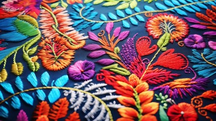 Brightly colored floral embroidery showcasing intricate designs on dark fabric in a traditional crafting setting