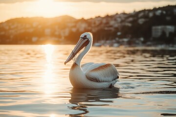 Pelican Struggling with Fishing Hook at Sunset Glow