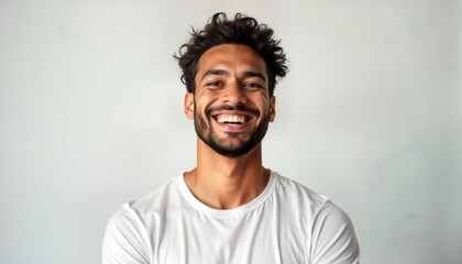 Obraz premium Handsome man model smiles broadly against white background. Man wears plain white shirt. Positive expression, joyful. Studio shot ideal for fashion, lifestyle media. Happy, cheerful person.