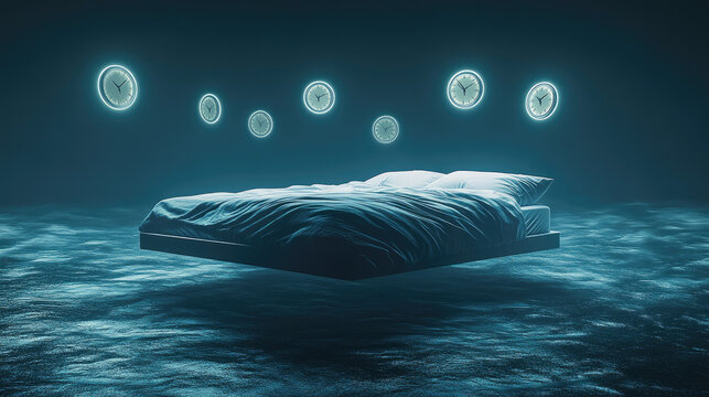 A floating bed in a dark void surrounded by glowing clocks, symbolizing the anxiety of sleep disorders.