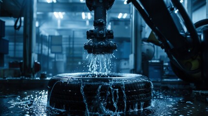 Close up of a robotic system washing a freshly molded tire in a modern industrial facility demonstrating advanced manufacturing processes
