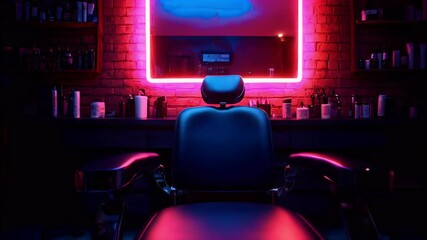 Neon-lit barbershop interior with an empty barber chair, shelves, and a mirror.
