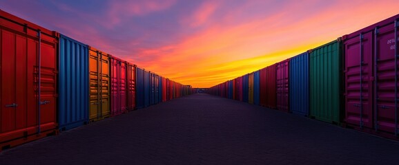 Fototapeta premium Colorful shipping containers at sunset, port logistics, global trade