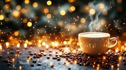 Obraz premium Warmth of a steaming coffee cup in natural light, surrounded by aromatic coffee beans a delightful coffee and bakery scene perfect for cozy mornings Enjoy the rich aroma and comforting ambiance of