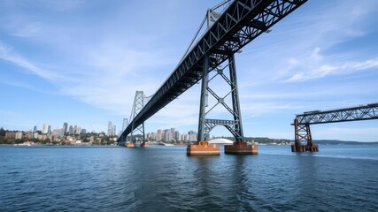 A majestic steel bridge dominates the skyline over Lake Washington with its surroundings in sharp focus, distant, steel, landscape