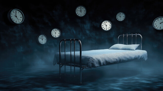 A floating bed in a dark void surrounded by glowing clocks, symbolizing the anxiety of sleep disorders.