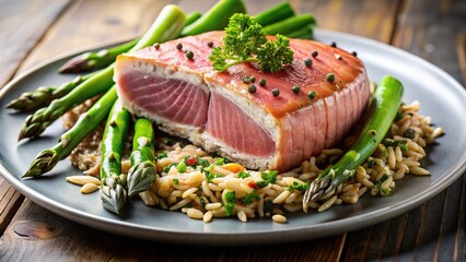 Seared Tuna Steak, Wild Rice, Asparagus - Gourmet Dish