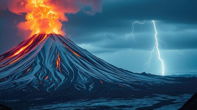A massive snow-covered volcano erupts with flames and ash as a thunderstorm unleashes a bolt of lightning, volcano, pyroclastic flow, rugged terrain
