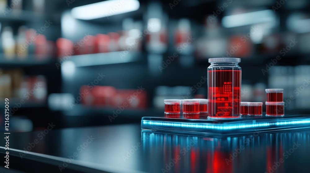 Poster Vials with Red Liquid Displayed in Modern Laboratory Setting, Emphasizing Scientific Research and Drug Development in a High-Tech Environment