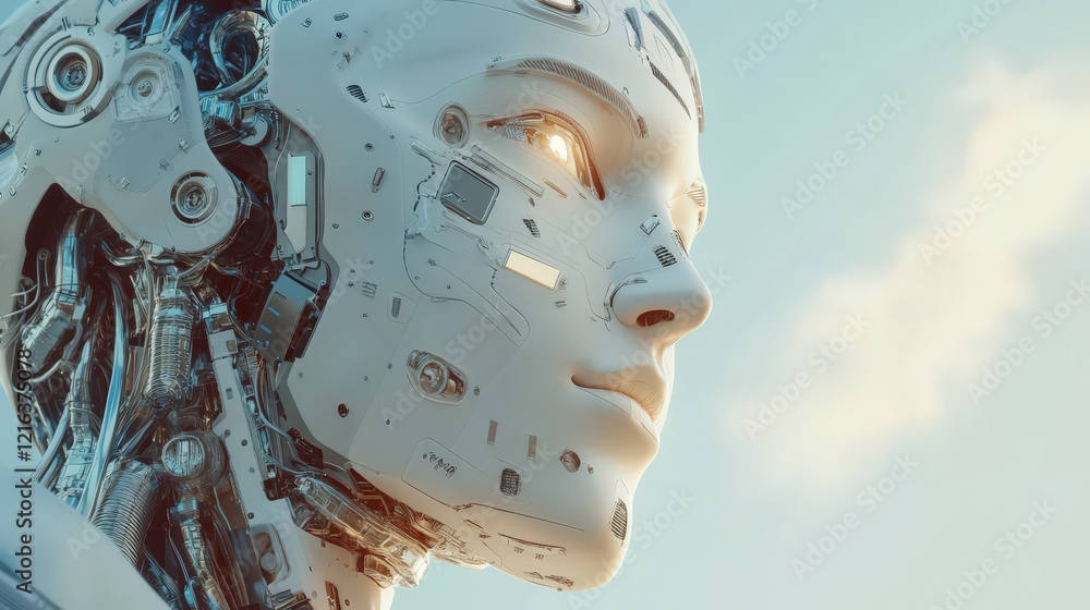 Poster futuristic close-up of a human-like robot with intricate details highlighting technology and innovat