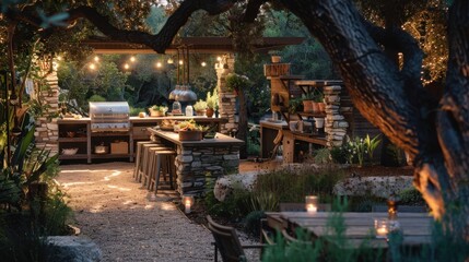 Rustic Outdoor Kitchen Design with Stone and Wood