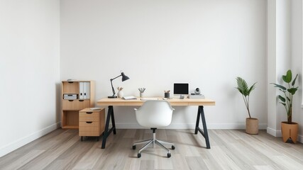 A minimalist desk with various office supplies and an abstract chair sits in the corner of a spacious room with high ceilings, modern interior design, clean lines, minimalist desk
