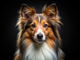 Fototapeta premium Sharp Sheltie portrait, black backdrop, food-style lighting.