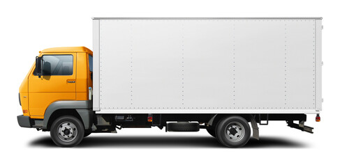 Classic European delivery truck with white van and yellow cabin. Side view isolated on white background.