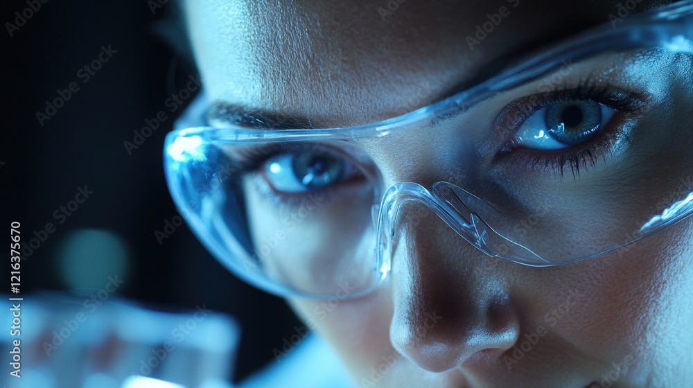 Poster close-up of a female scientist in protective eyewear focusing on laboratory experimentation with tes