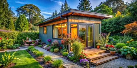 Fototapeta premium Sleek tiny house nestled in a sloping backyard paradise.