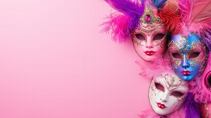 Masquerade Mystery: Three ornate Venetian masks adorned with intricate detailing and colorful feathers peek from the edge of a vibrant pink backdrop.