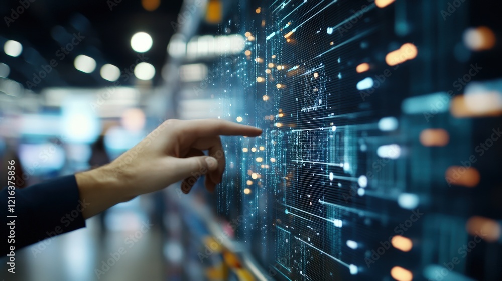 Poster Close-Up of a Person's Hand Interacting with a Futuristic Digital Interface Displaying Data Points and Connections in a Modern Technology Environment