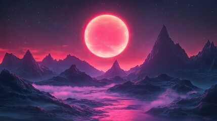 Fototapeta premium A vibrant, neon-themed digital landscape featuring stylized mountains created with grid patterns.