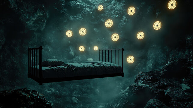 A floating bed in a dark void surrounded by glowing clocks, symbolizing the anxiety of sleep disorders.