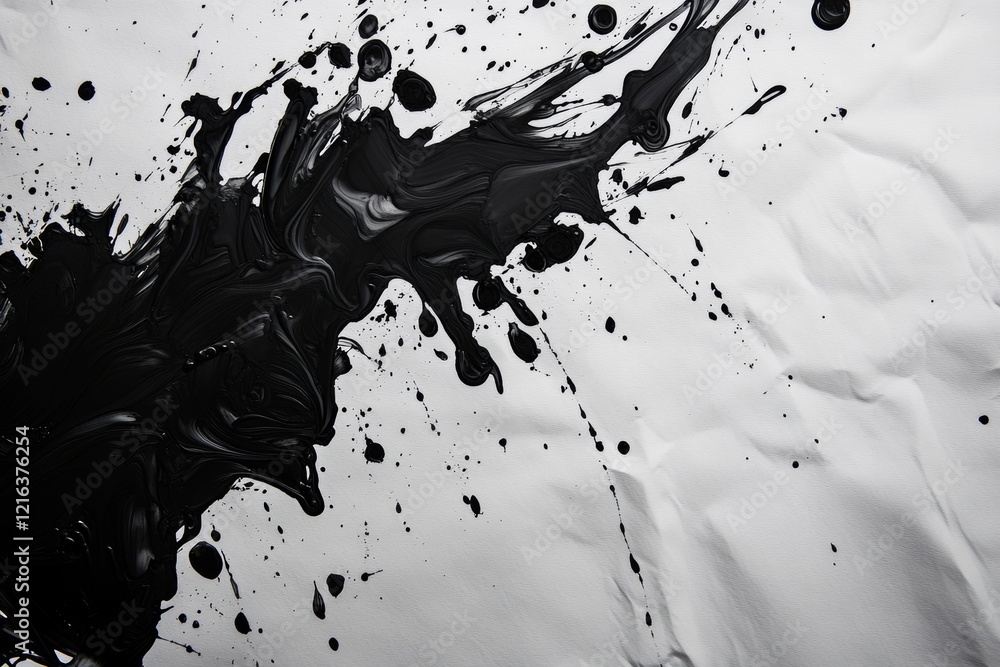 Aufkleber black ink splatters spread across crumpled white paper, showcasing a dynamic balance between chaos a