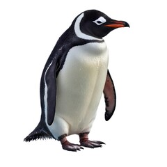 Fototapeta premium Antarctic penguin standing side view isolated on white background, photo realistic. A penguin stands on a white background. A realistic illustration of a penguin standing upright.