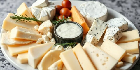 A plate of assorted fresh cheeses including cheddar and Roquefort, appetizer, food, dairy