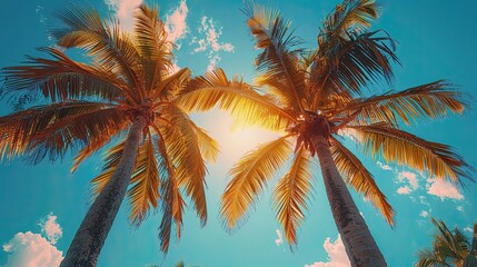 a couple of palm trees that are next to each other with the sky nature background