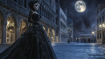 Moonlight Soiree: A mysterious woman in a flowing black gown walks confidently through a moonlit...