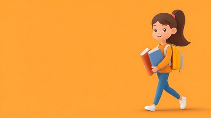 Joyful Student Girl Walking to School with Books and Backpack