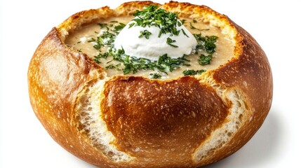 Delicious bread bowl filled with creamy soup. Topped with fresh herbs and a dollop of sour cream. A perfect meal for any occasion. Generative AI