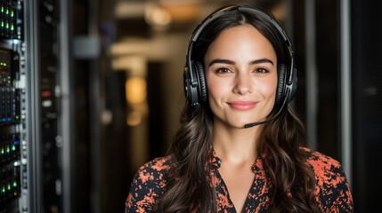 smiling woman wearing headset, is in server room with technological equipment, she seems pleased with her work