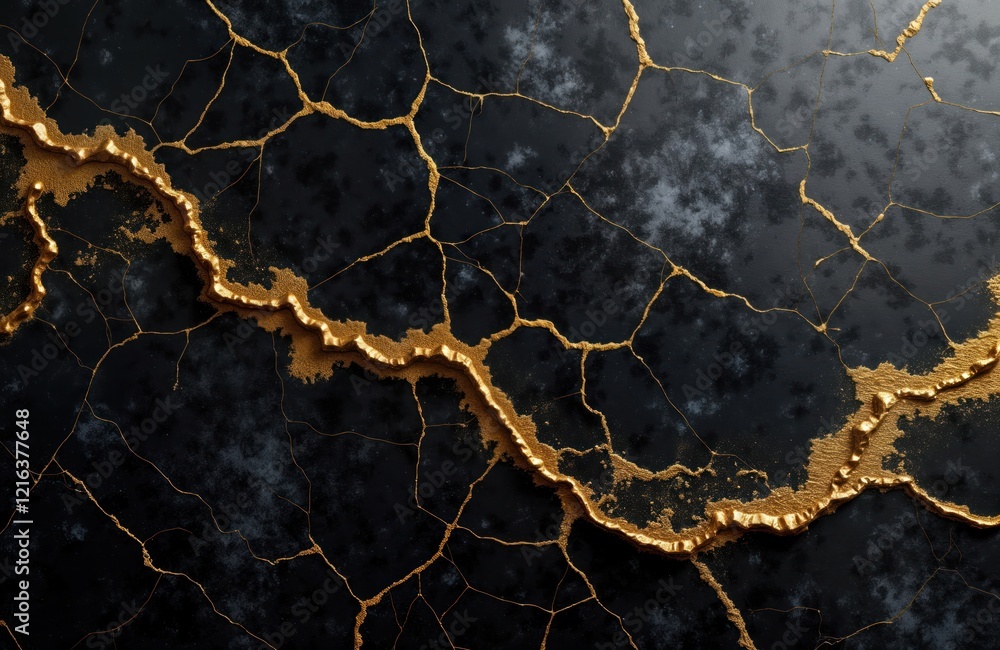 Poster abstract black, gold cracked surface texture. gold details create relief patterns resembling mountai