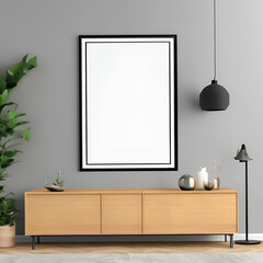 Empty frame mockup with a black edge border, ISO A paper size. Living room wall poster empty mockup. Interior scene featuring a house background. Modern interior design setting. Realistic 3D render. 