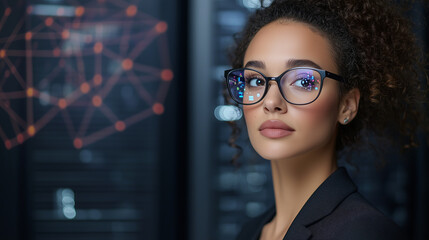 woman looks confident and determined in server room wearing glasses and formal clothes, ready to tackle any challenge