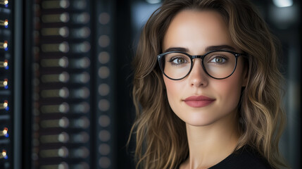 woman with glasses in server room looking forward with calm expression, wearing black top and posing
