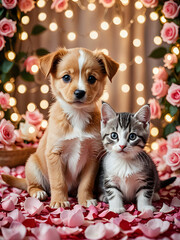 A golden retriever puppy and a kitten sitting on rose petals, surrounded by glowing fairy lights. 300dpi