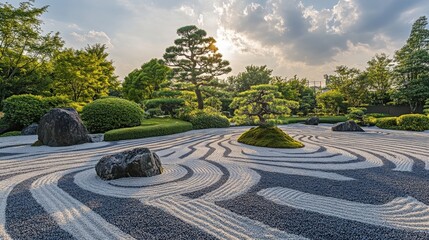 Serene Japanese Zen Garden Landscape at Sunset