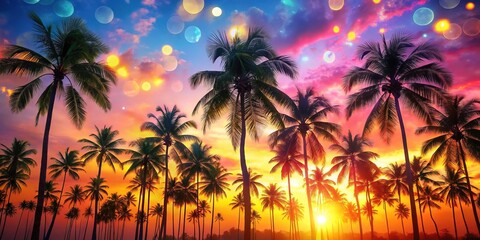 Obraz premium Tropical Palm Sunset Sky Flare Bokeh Nature