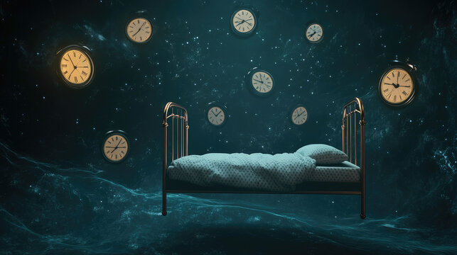 A floating bed in a dark void surrounded by glowing clocks, symbolizing the anxiety of sleep disorders.