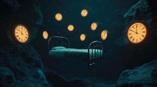 A floating bed in a dark void surrounded by glowing clocks, symbolizing the anxiety of sleep disorders.